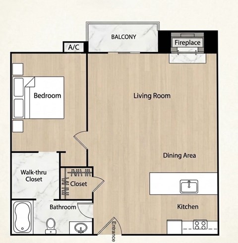 Floor plan for 1 bed, 1 bath, 516 sqft